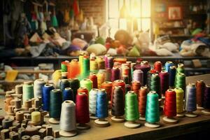 Textile cloth factory industry with embroidery machine, knitting or spinning. Sewing thread company concept by AI Generated photo