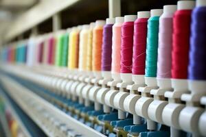 textil paño fábrica industria con bordado máquina, tejido de punto o hilado. de coser hilo empresa concepto por ai generado foto