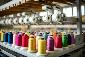 Textile cloth factory industry with embroidery machine, knitting or spinning. Sewing thread company concept by AI Generated photo