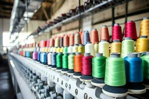 Textile cloth factory industry with embroidery machine, knitting or spinning. Sewing thread company concept by AI Generated photo