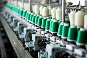 textil paño fábrica industria con bordado máquina, tejido de punto o hilado. de coser hilo empresa concepto por ai generado foto