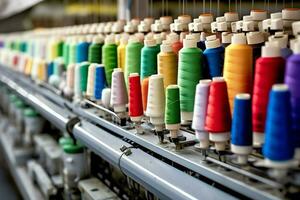 textil paño fábrica industria con bordado máquina, tejido de punto o hilado. de coser hilo empresa concepto por ai generado foto