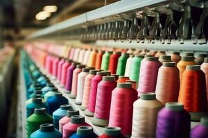 Textile cloth factory industry with embroidery machine, knitting or spinning. Sewing thread company concept by AI Generated photo