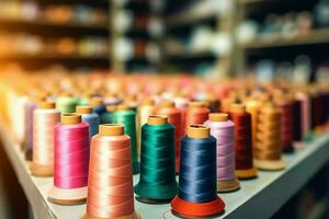 textil paño fábrica industria con bordado máquina, tejido de punto o hilado. de coser hilo empresa concepto por ai generado foto