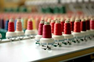 Textile cloth factory industry with embroidery machine, knitting or spinning. Sewing thread company concept by AI Generated photo