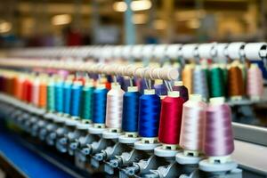 Textile cloth factory industry with embroidery machine, knitting or spinning. Sewing thread company concept by AI Generated photo