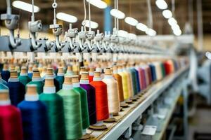 textil paño fábrica industria con bordado máquina, tejido de punto o hilado. de coser hilo empresa concepto por ai generado foto