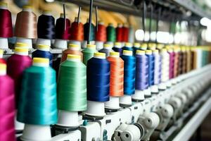 Textile cloth factory industry with embroidery machine, knitting or spinning. Sewing thread company concept by AI Generated photo