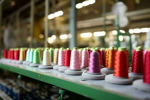 Textile cloth factory industry with embroidery machine, knitting or spinning. Sewing thread company concept by AI Generated photo