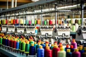 textil paño fábrica industria con bordado máquina, tejido de punto o hilado. de coser hilo empresa concepto por ai generado foto