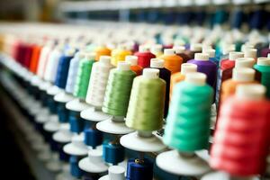 Textile cloth factory industry with embroidery machine, knitting or spinning. Sewing thread company concept by AI Generated photo