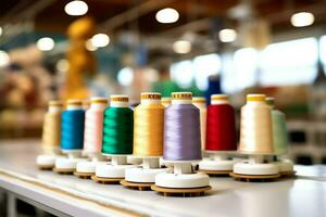 Textile cloth factory industry with embroidery machine, knitting or spinning. Sewing thread company concept by AI Generated photo