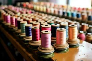 Textile cloth factory industry with embroidery machine, knitting or spinning. Sewing thread company concept by AI Generated photo