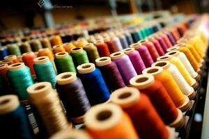 Textile cloth factory industry with embroidery machine, knitting or spinning. Sewing thread company concept by AI Generated photo