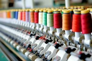 Textile cloth factory industry with embroidery machine, knitting or spinning. Sewing thread company concept by AI Generated photo