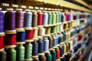 Textile cloth factory industry with embroidery machine, knitting or spinning. Sewing thread company concept by AI Generated photo