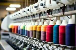 Textile cloth factory industry with embroidery machine, knitting or spinning. Sewing thread company concept by AI Generated photo