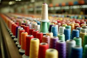 textil paño fábrica industria con bordado máquina, tejido de punto o hilado. de coser hilo empresa concepto por ai generado foto