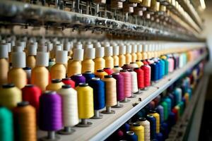 Textile cloth factory industry with embroidery machine, knitting or spinning. Sewing thread company concept by AI Generated photo