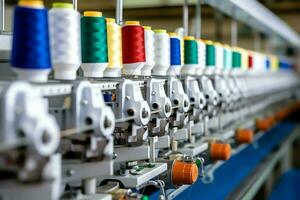 textil paño fábrica industria con bordado máquina, tejido de punto o hilado. de coser hilo empresa concepto por ai generado foto