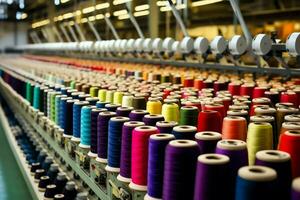 textil paño fábrica industria con bordado máquina, tejido de punto o hilado. de coser hilo empresa concepto por ai generado foto