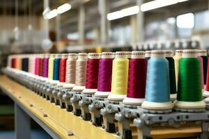 textil paño fábrica industria con bordado máquina, tejido de punto o hilado. de coser hilo empresa concepto por ai generado foto