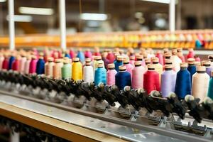 Textile cloth factory industry with embroidery machine, knitting or spinning. Sewing thread company concept by AI Generated photo