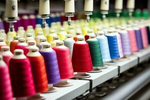 textil paño fábrica industria con bordado máquina, tejido de punto o hilado. de coser hilo empresa concepto por ai generado foto