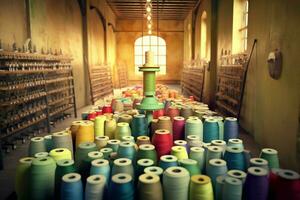 Textile cloth factory industry with embroidery machine, knitting or spinning. Sewing thread company concept by AI Generated photo