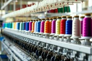 Textile cloth factory industry with embroidery machine, knitting or spinning. Sewing thread company concept by AI Generated photo