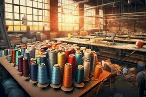 Textile cloth factory industry with embroidery machine, knitting or spinning. Sewing thread company concept by AI Generated photo