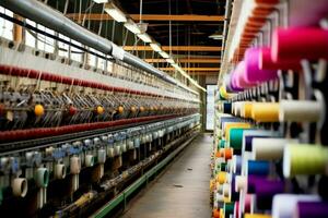 textil paño fábrica industria con bordado máquina, tejido de punto o hilado. de coser hilo empresa concepto por ai generado foto