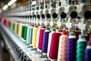 Textile cloth factory industry with embroidery machine, knitting or spinning. Sewing thread company concept by AI Generated photo