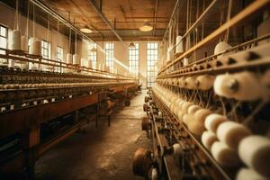 textil paño fábrica industria con bordado máquina, tejido de punto o hilado. de coser hilo empresa concepto por ai generado foto