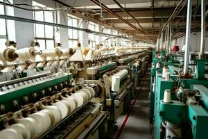 textil paño fábrica industria con bordado máquina, tejido de punto o hilado. de coser hilo empresa concepto por ai generado foto