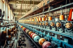 Textile cloth factory industry with embroidery machine, knitting or spinning. Sewing thread company concept by AI Generated photo