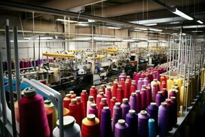 textil paño fábrica industria con bordado máquina, tejido de punto o hilado. de coser hilo empresa concepto por ai generado foto