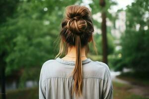 A beautiful bride with a bun hairstyles for long hair look from back. A female hairstyle rear view concept by AI Generated photo