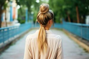 un hermosa novia con un bollo peinados para largo pelo Mira desde atrás. un hembra peinado posterior ver concepto por ai generado foto