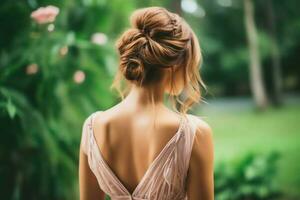 A beautiful bride with a bun hairstyles for long hair look from back. A female hairstyle rear view concept by AI Generated photo