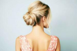 A beautiful bride with a bun hairstyles for long hair look from back. A female hairstyle rear view concept by AI Generated photo