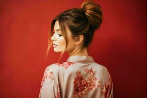 A beautiful bride with a bun hairstyles for long hair look from back. A female hairstyle rear view concept by AI Generated photo