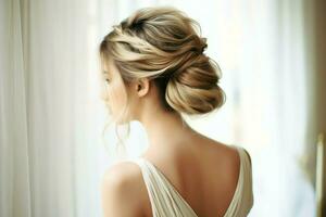 A beautiful bride with a bun hairstyles for long hair look from back. A female hairstyle rear view concept by AI Generated photo