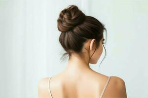 A beautiful bride with a bun hairstyles for long hair look from back. A female hairstyle rear view concept by AI Generated photo