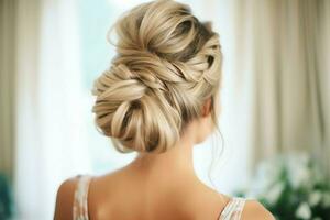 A beautiful bride with a bun hairstyles for long hair look from back. A female hairstyle rear view concept by AI Generated photo