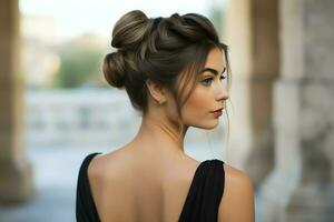 A beautiful bride with a bun hairstyles for long hair look from back. A female hairstyle rear view concept by AI Generated photo