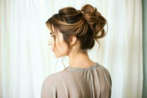 A beautiful bride with a bun hairstyles for long hair look from back. A female hairstyle rear view concept by AI Generated photo