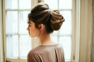 A beautiful bride with a bun hairstyles for long hair look from back. A female hairstyle rear view concept by AI Generated photo