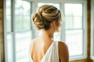 A beautiful bride with a bun hairstyles for long hair look from back. A female hairstyle rear view concept by AI Generated photo