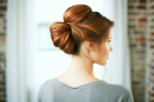 A beautiful bride with a bun hairstyles for long hair look from back. A female hairstyle rear view concept by AI Generated photo